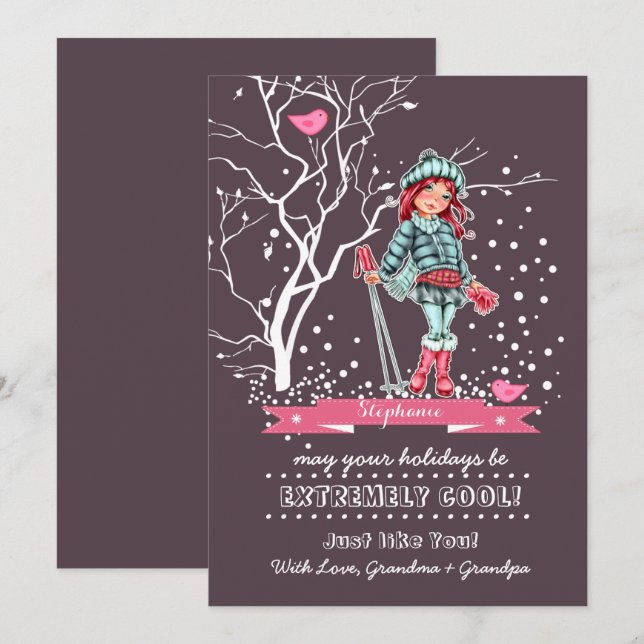 Young Girl Skier | Weihnachtskarten für Individuel Feiertagskarte (Vorne/Hinten)