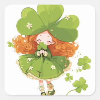 Young Girl Under Riant Clover Quadratischer Aufkleber