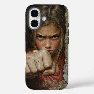 Young girl with fierce expression ready to punch.  iPhone 16 hülle