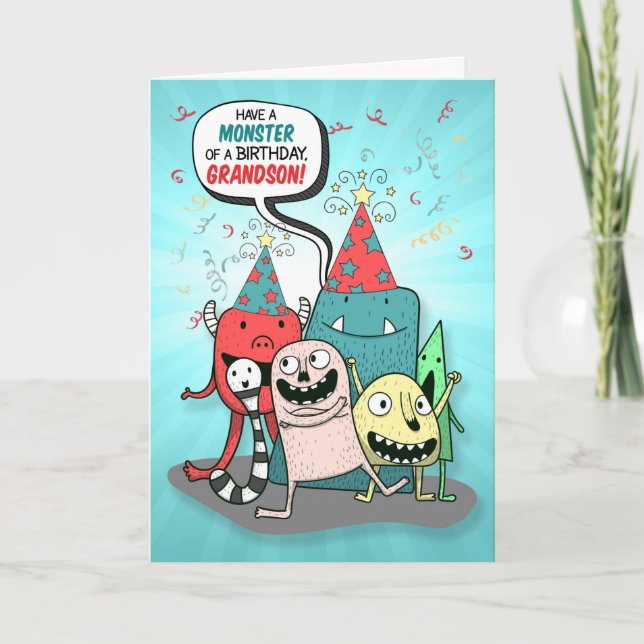 Young Grandson Birthday Monsters Cartoons Style Karte (Vorderseite)