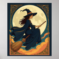 Young Hexe Sat Astride A Besom Art Nouveau Style