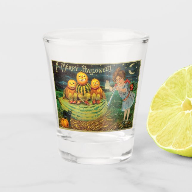Young Hexe's Brew: Pumpkin Men on Magick Altar Schnapsglas (Vorderseite)