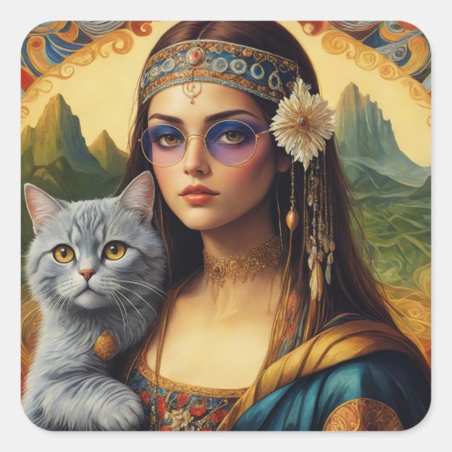 Young Hippie Mona Lisa und ihre graue Katze Quadratischer Aufkleber (Vorderseite)