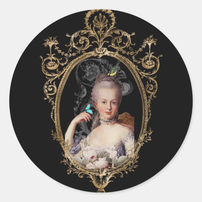 Young Marie Antoinette auf schwarzen Umschlag Runder Aufkleber (Vorderseite)