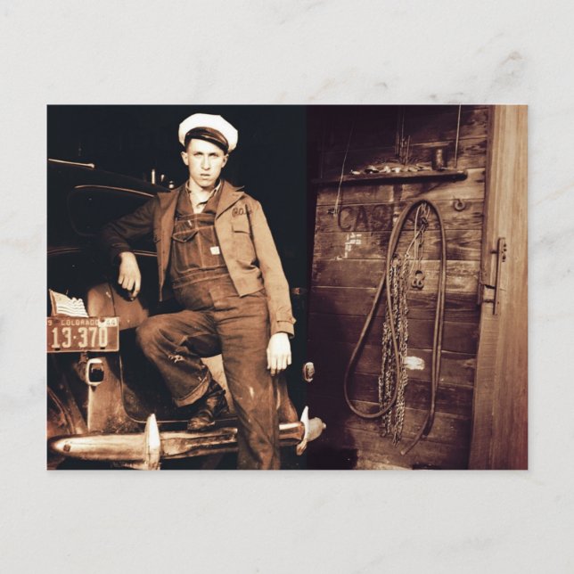 Young Mechanic Vintag Foto Postkarte (Vorderseite)