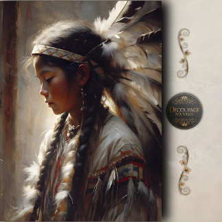 Young Native Girl Feather Headdress Decoupage Seidenpapier