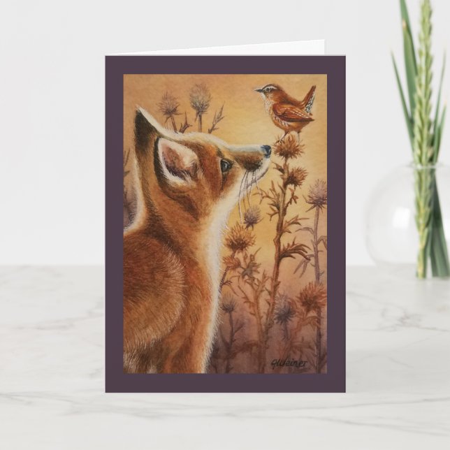 Young Red Fox & Carolina Wren Bird Wasserfarbe Kun Karte (Vorderseite)