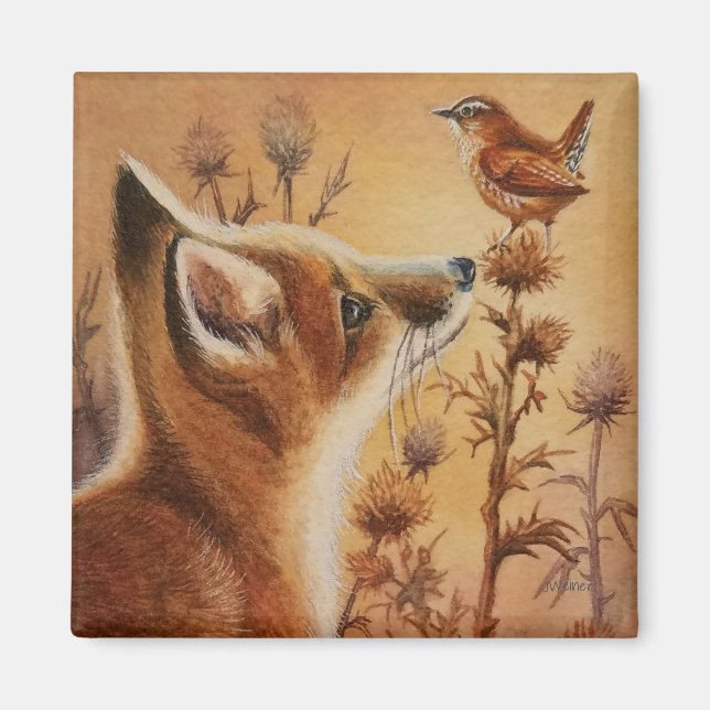 Young Red Fox & Carolina Wren Bird Wasserfarbe Kun Magnet (Vorne)