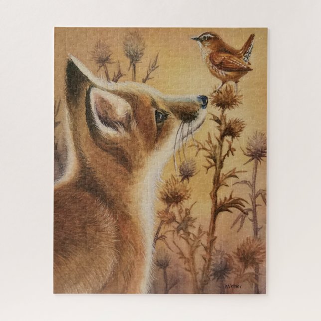 Young Red Fox & Carolina Wren Watercolor Kunst & K (Vertikal)