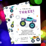 Young Wild 3. Geburtstag Kids Monster Car Trucks Einladung<br><div class="desc">Young Wild And Three 3 Birthday Kids Monster Car Trucks Die Einladung enthält niedliche und farbenfrohe Monster Car Trucks mit dem Text "Young, wild and three!" in einem modernen lila Typografie-Skript, das mit der Zahl 3 und Doodles betont wird. Ideal für Kinder zum dritten Geburtstag. Senden Sie die E-Mail oder...</div>