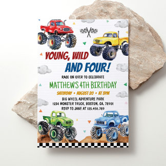 Young Wild 4th Monster Truck Kindergeburtstag Part Einladung