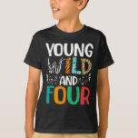 Young Wild and Four Funny 4th Birthday Kids T-Shirt<br><div class="desc">Junge, sonnige Wildnis und vier Outfit für 4-jährige Jungs und Mädchen. Niedliches 4. Geburtstagsgrafik für Mädchen und Jungen zum Geburtstagsfeiern im Stil des Party. Es ist eine großartige Geschenkidee für Sohn, Tochter, Schwester, Bruder, Enkel, Enkelin, Nichte, Neffe... Perfekt 4. Geburtstag passende Geschenke für Mädchen und Jungen, die 4 Jahre alt...</div>