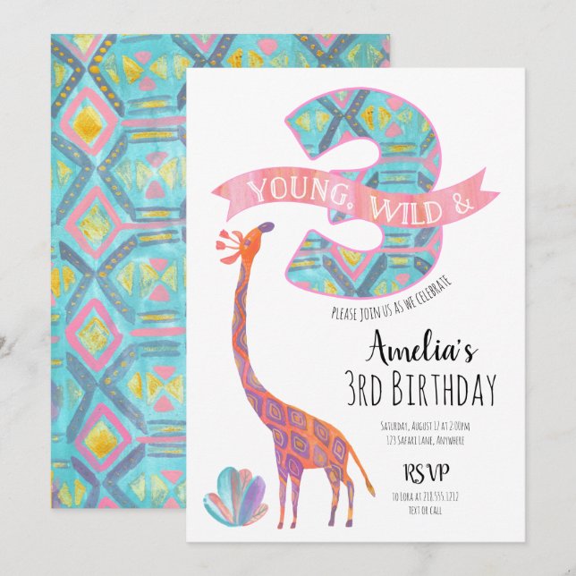 Young Wild and Three Birthday Einladung (Vorne/Hinten)