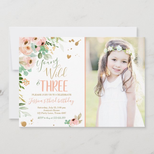 Young Wild and Three Birthday Floral Pink Gold Einladung (Vorderseite)