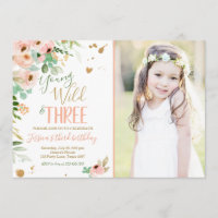 Young Wild and Three Birthday Floral Pink Gold