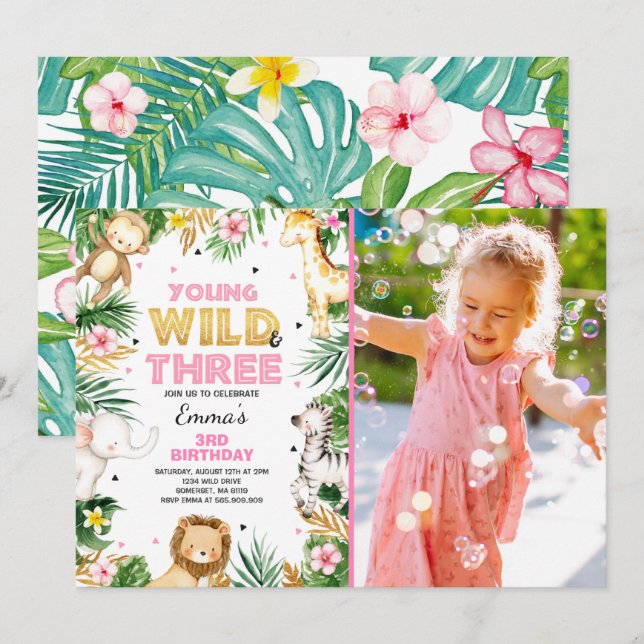Young Wild and Three Birthday laden Safari Party e Einladung (Vorne/Hinten)