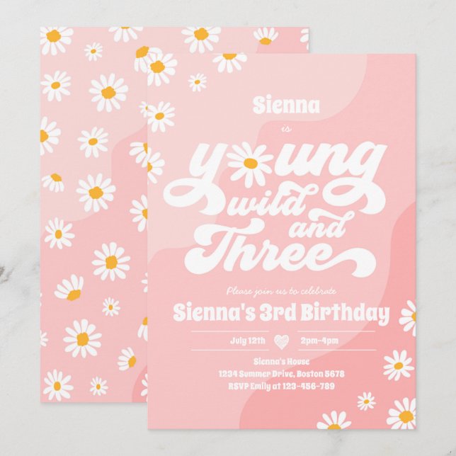 Young Wild and Three Birthday Party Boho Daisy Einladung (Vorne/Hinten)