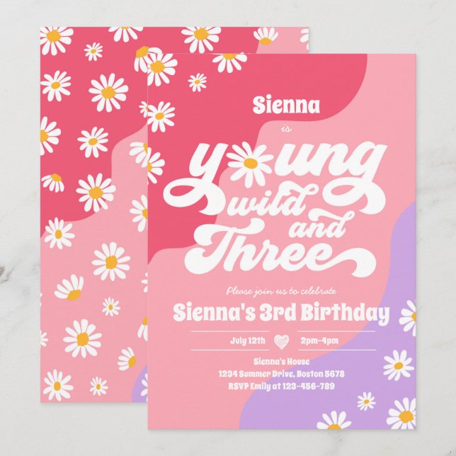Young Wild and Three Birthday Party Boho Daisy Einladung (Vorne/Hinten)
