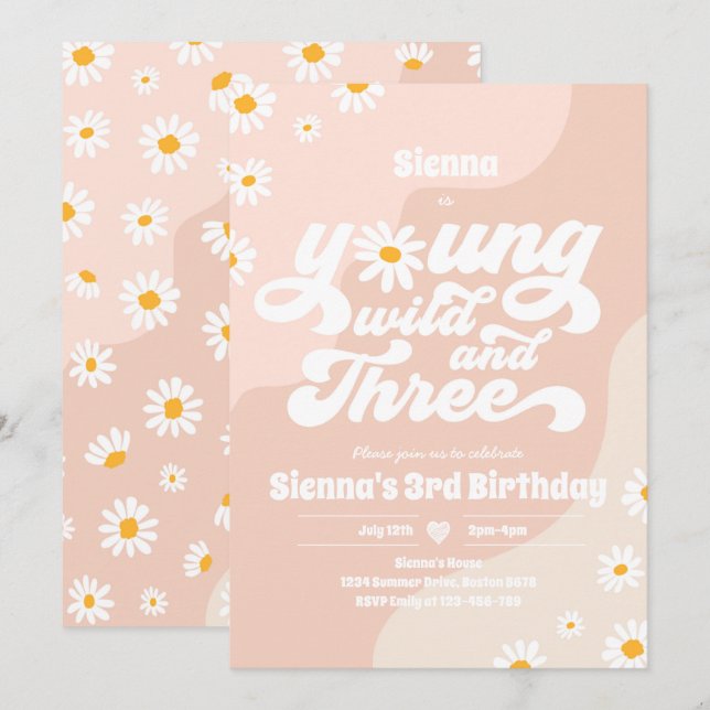 Young Wild and Three Birthday Party Boho Daisy Einladung (Vorne/Hinten)