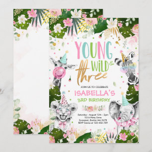 Young Wild and Three Birthday Safari Animals Party Einladung