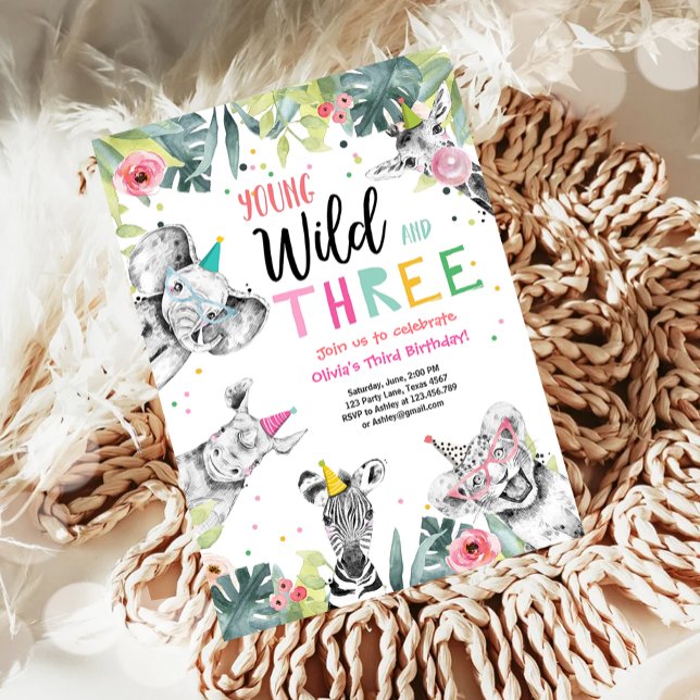 Young Wild and Three Birthday Safari Girl Animals Einladung (Von Creator hochgeladen)