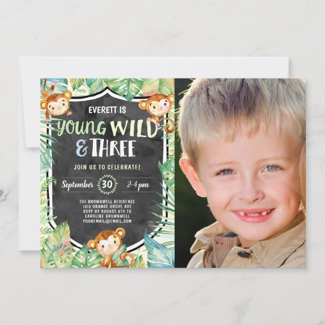 Young Wild and Three Jungle Birthday Party Foto Einladung (Vorderseite)