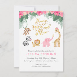 Young Wild and Three - Pink Safari Girl's 3. Einladung