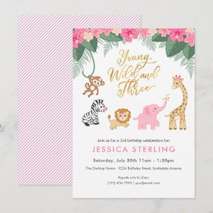 Young Wild and Three - Pink Safari Girl's 3. Einladung