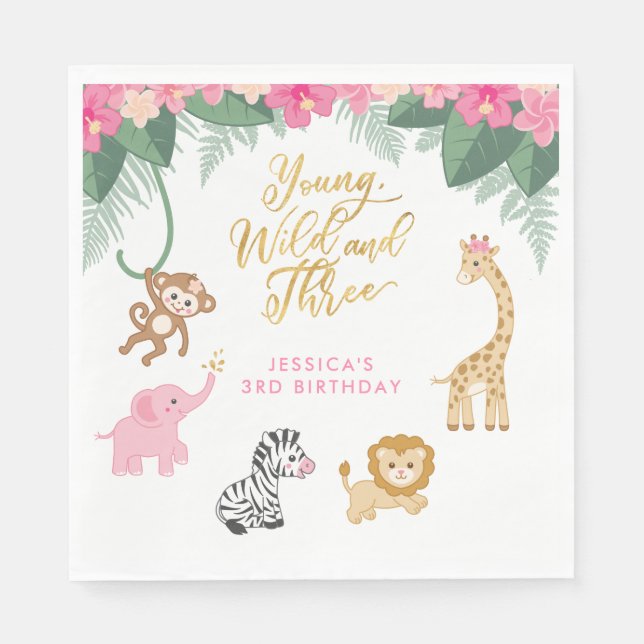 Young Wild and Three - Pink Safari Girl's 3. Serviette (Vorderseite)