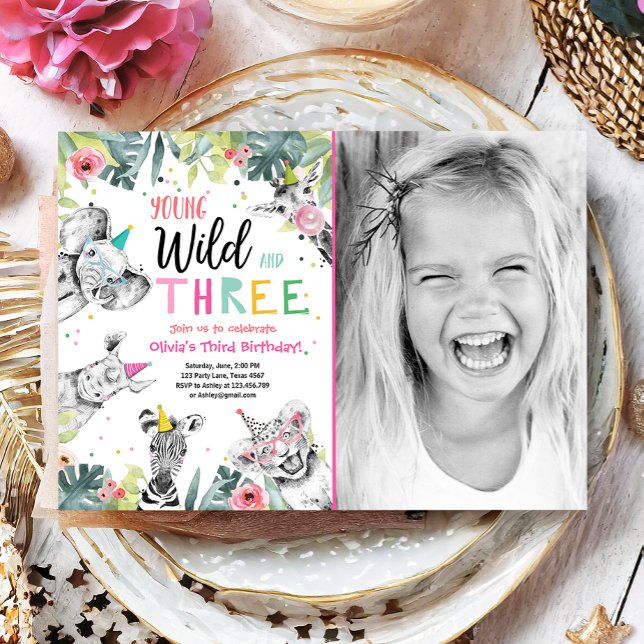 Young Wild and Three Safari Animals Girl zum Gebur Einladung (Von Creator hochgeladen)