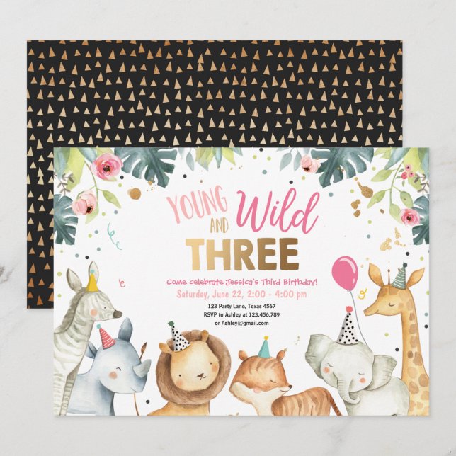Young Wild and Three Safari Girl Animals Geburtsta Einladung (Vorne/Hinten)