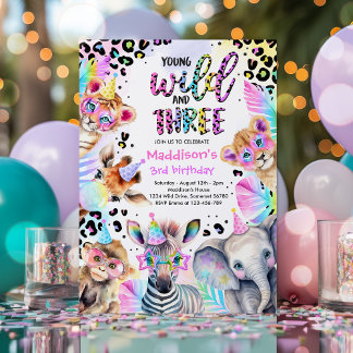 Young Wild and Three Safari Pink Girl Geburtstag Einladung