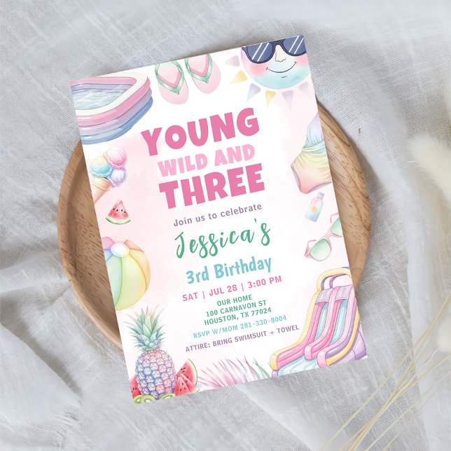 Young Wild and Three - Summer Girl Birthday Party Einladung (Von Creator hochgeladen)