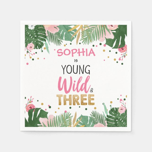 Young Wild and Three Tropical Safari Girl Birthday Serviette (Vorderseite)