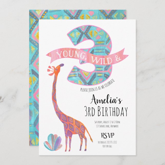 Young Wild et Three Birthday Invitation (Devant / Derrière)
