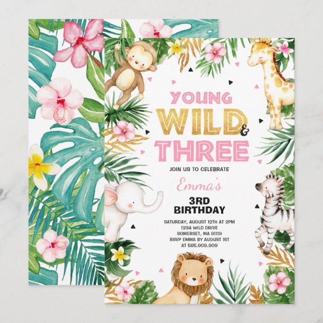 Young Wild Et Trois Ans Invitation Safari Party (Devant / Derrière)