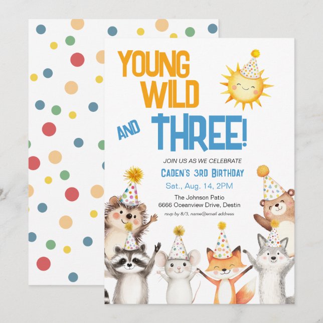 Young Wild Forest Animals Party Hats 3rd Birthday Einladung (Vorne/Hinten)