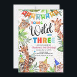Young & Wild Jungle Safari Kids Birthday Einladung<br><div class="desc">Fun neutral safari themed birthday party einladung, featuring tropical greenery, cute jungle animals (Leopard, cheetah, giraffe, hedgehog and cheeky racoons), colorful confetti and a modern birthday template that is easy to customize by using the 'customize further' option. You can choose the age in 'personalize' with images for ages 3 to...</div>