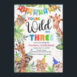 Young & Wild Jungle Safari Kids Birthday Einladung<br><div class="desc">Fun neutral safari themed birthday party einladung, featuring tropical greenery, cute jungle animals (Leopard, cheetah, giraffe, hedgehog and cheeky racoons), colorful confetti and a modern birthday template that is easy to customize by using the 'customize further' option. You can choose the age in 'personalize' with images for ages 3 to...</div>
