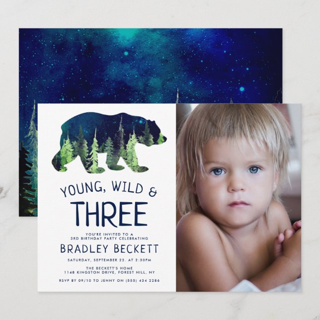 Young, Wild & Three | 3. Geburtstag Foto Einladung (Vorne/Hinten)