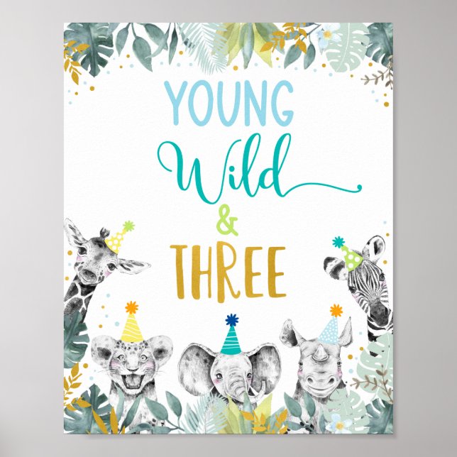 Young Wild & Three Blue Party Animal Birthday Sign Poster (Vorne)