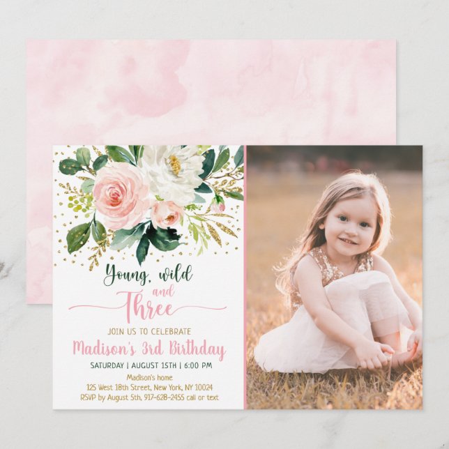 Young Wild & Three Boho Floral Pink Gold Geburtsta Einladung (Vorne/Hinten)
