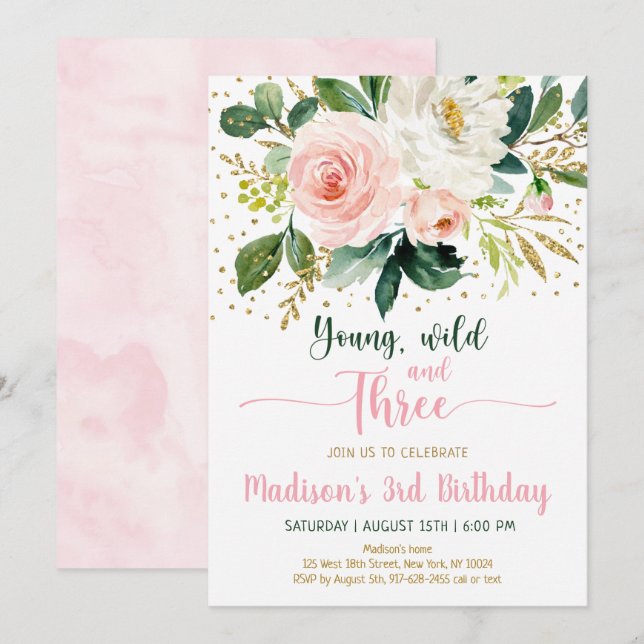 Young Wild & Three Boho Floral Pink Gold Geburtsta Einladung (Vorne/Hinten)