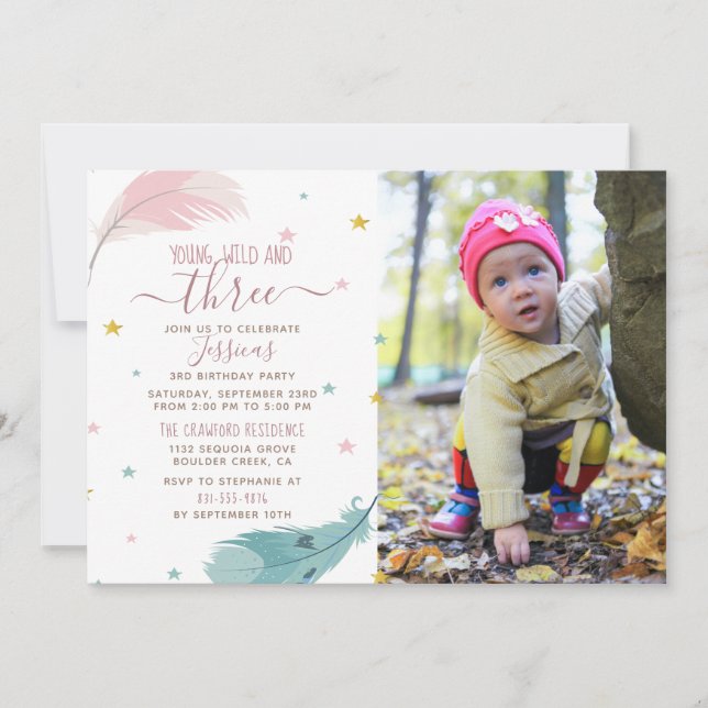 Young Wild & Three Custom Foto Baby Girl Geburtsta Einladung (Vorderseite)