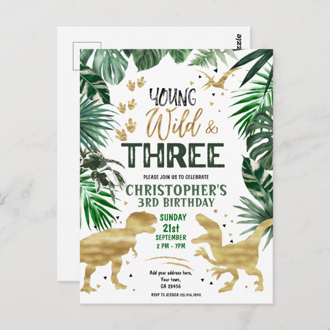 Young Wild & Three Dinosaur Geburtstag Postkarte (Vorne/Hinten)