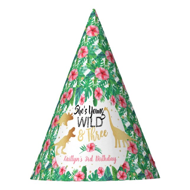 Young Wild & Three Dinosaur Girls Dritter Geburtst Partyhütchen (Vorderseite)