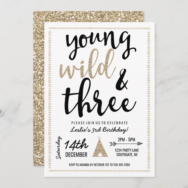 Young Wild & Three Einladung - Black & Gold (Vorne/Hinten)