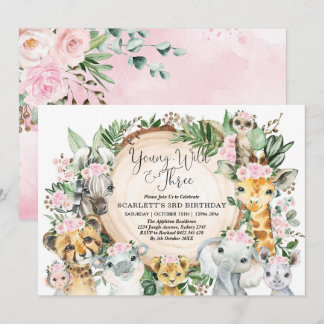 Young Wild & Three Floral Girl Jungle 3. Geburtsta Einladung