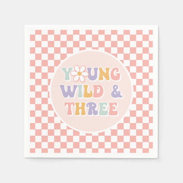 Young Wild Three Groovy Pink Daisy Schachbrett Serviette (Vorderseite)