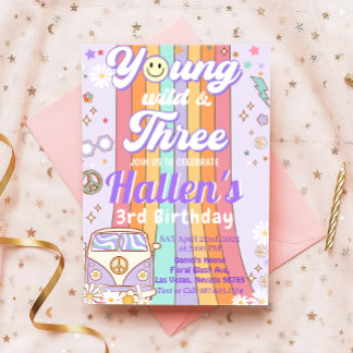 Young Wild & Three Groovy Rainbow 3. Geburtstag Einladung